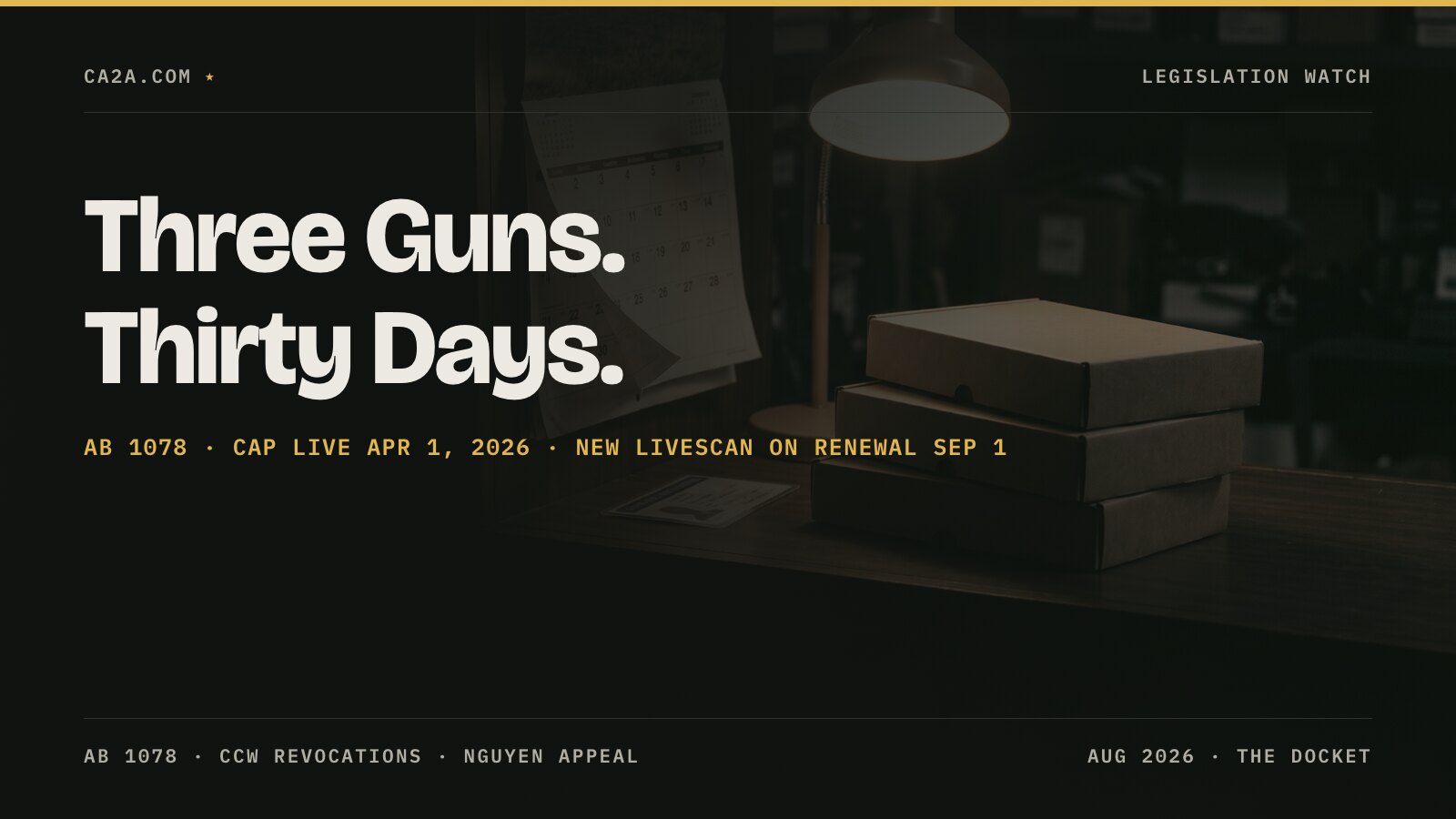Three Guns. Thirty Days. AB 1078 · Cap live Apr 1, 2026 · New LiveScan on renewal Sep 1
