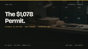 The $1,078 Permit. Glendale $1,078 new · $828 renewal · Riverside $20