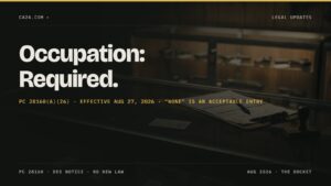 Occupation: Required. PC 28160(a)(26), effective Aug 27, 2026. Dealer counter with a transaction form.