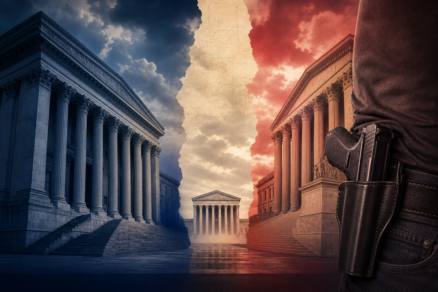 Twin courthouses split blue and red with a holstered pistol