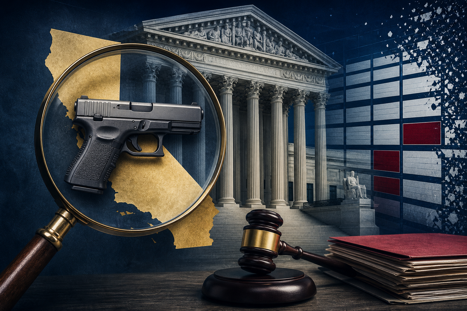 Magnifying glass over California with the U.S. Supreme Court