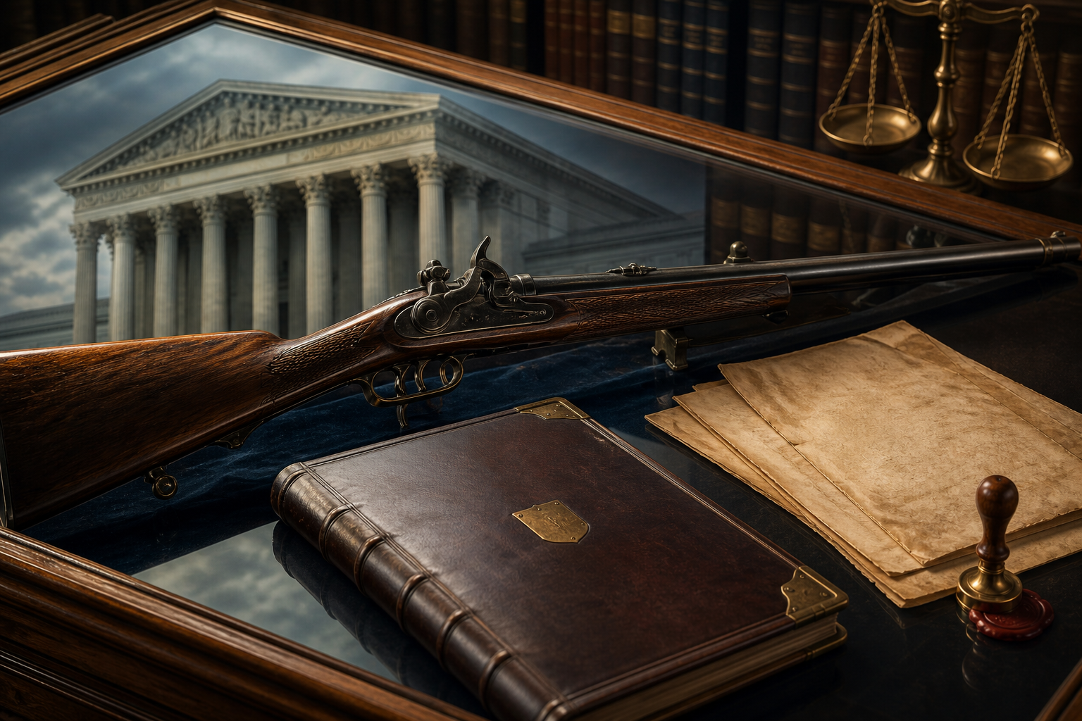 Antique percussion rifle in a display case with a bound ledger