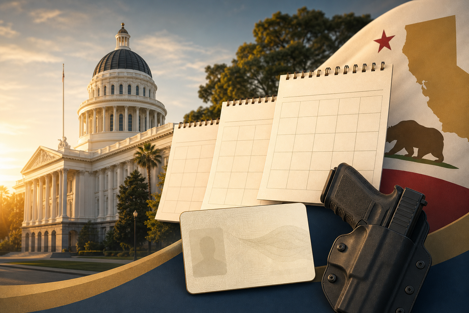 California State Capitol with blank calendars and a handgun