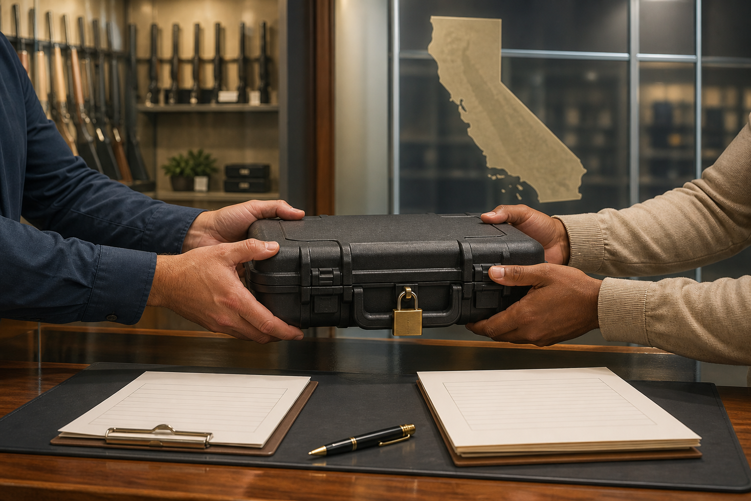 A locked hard case handed across a dealer counter in California