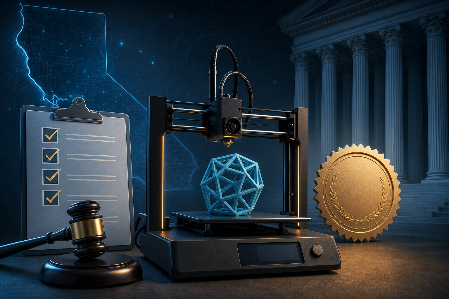 A 3D printer with a compliance checklist and certification seal