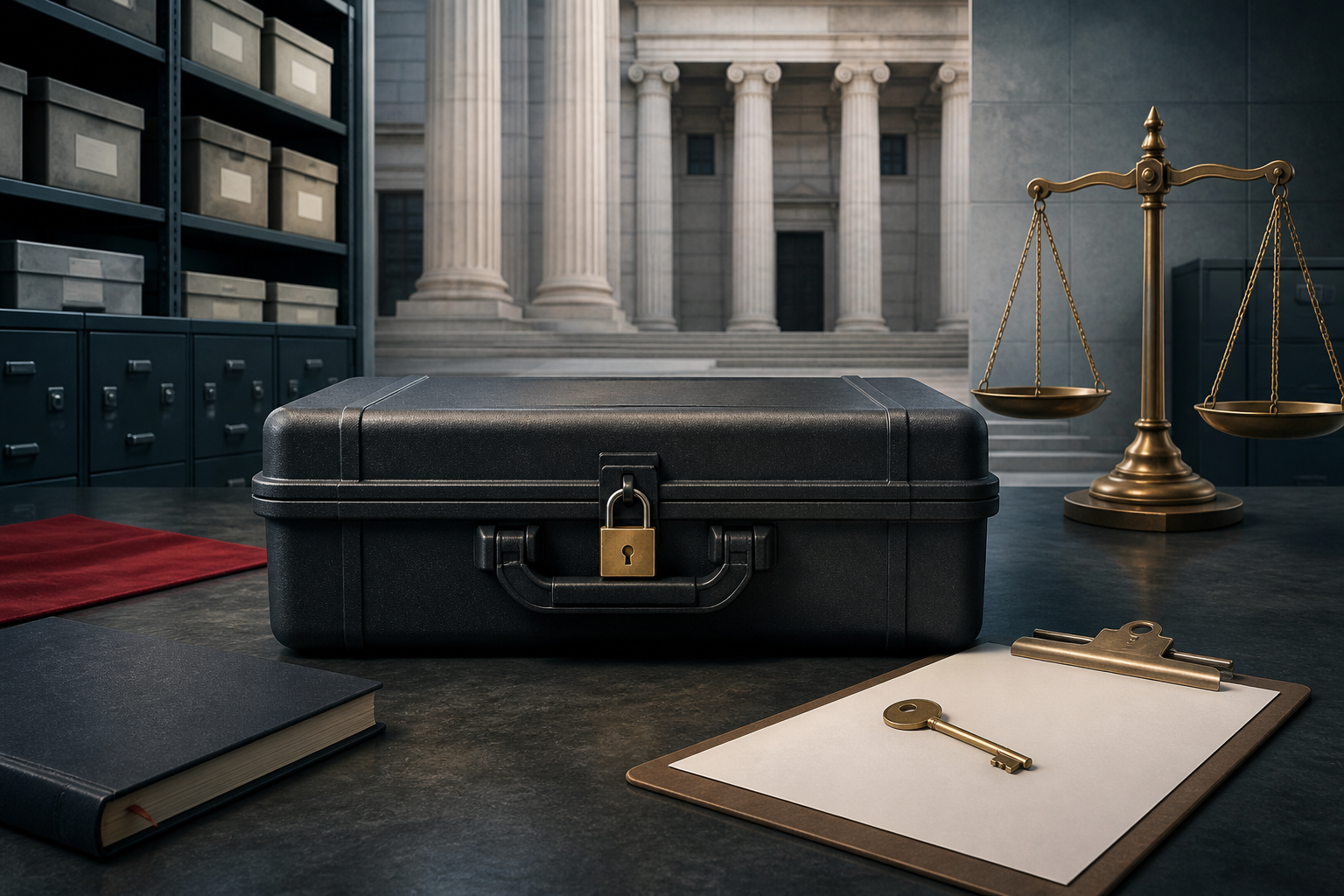 Locked case with scales of justice outside a courthouse