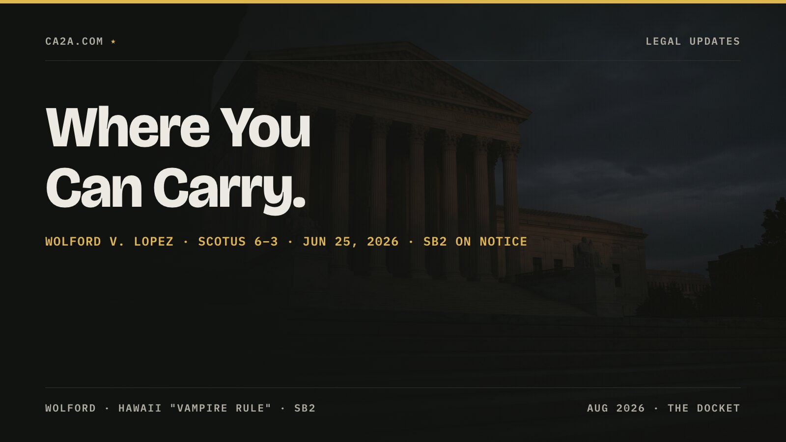Where You Can Carry. Wolford v. Lopez · SCOTUS 6–3 · Jun 25, 2026 · SB2 on notice