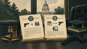 AI-generated editorial illustration accompanying AB 1753 and SB 948 enrolled: two gun bills awaiting the Governor's signature