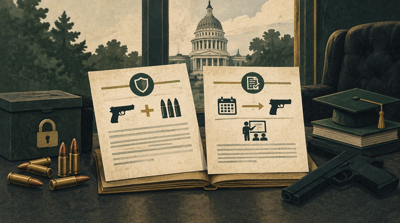 AI-generated editorial illustration accompanying AB 1753 and SB 948 enrolled: two gun bills awaiting the Governor's signature