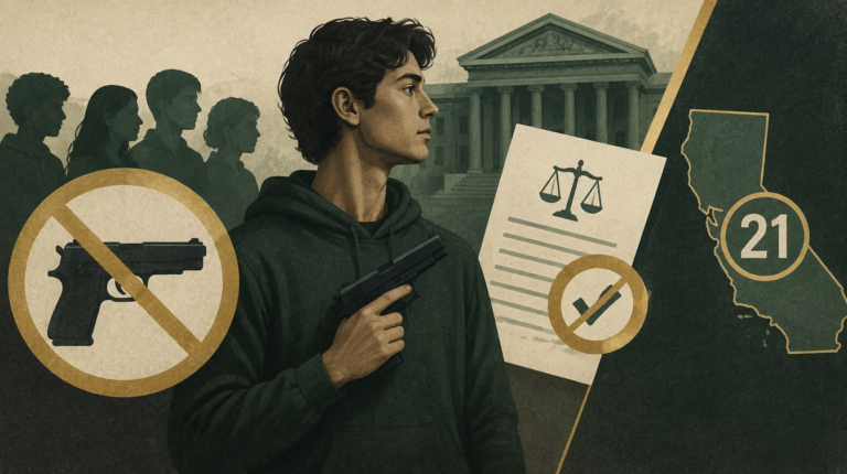 AI-generated editorial illustration accompanying DOJ concludes federal ban on handgun sales to 18-to-20-year-olds is unconstitutional and cannot be enforced