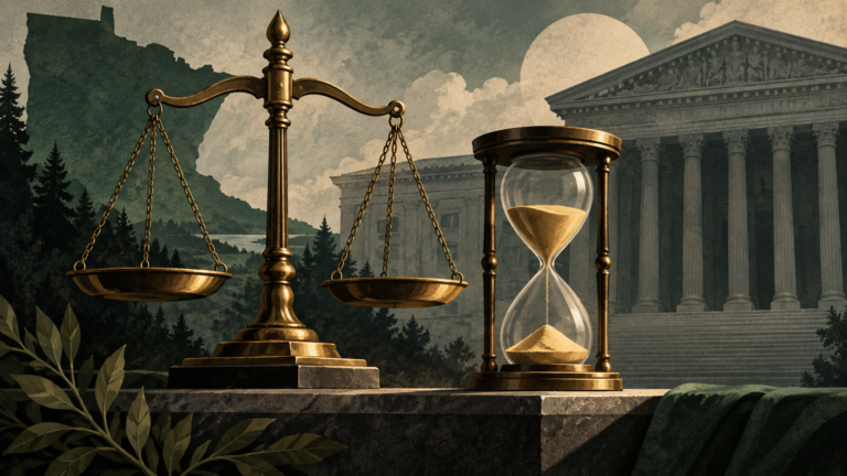 AI-generated editorial illustration accompanying DOJ Sues Minnesota and Two Cities Over the 30-to-60 Day Gun-Buying Waiting Period
