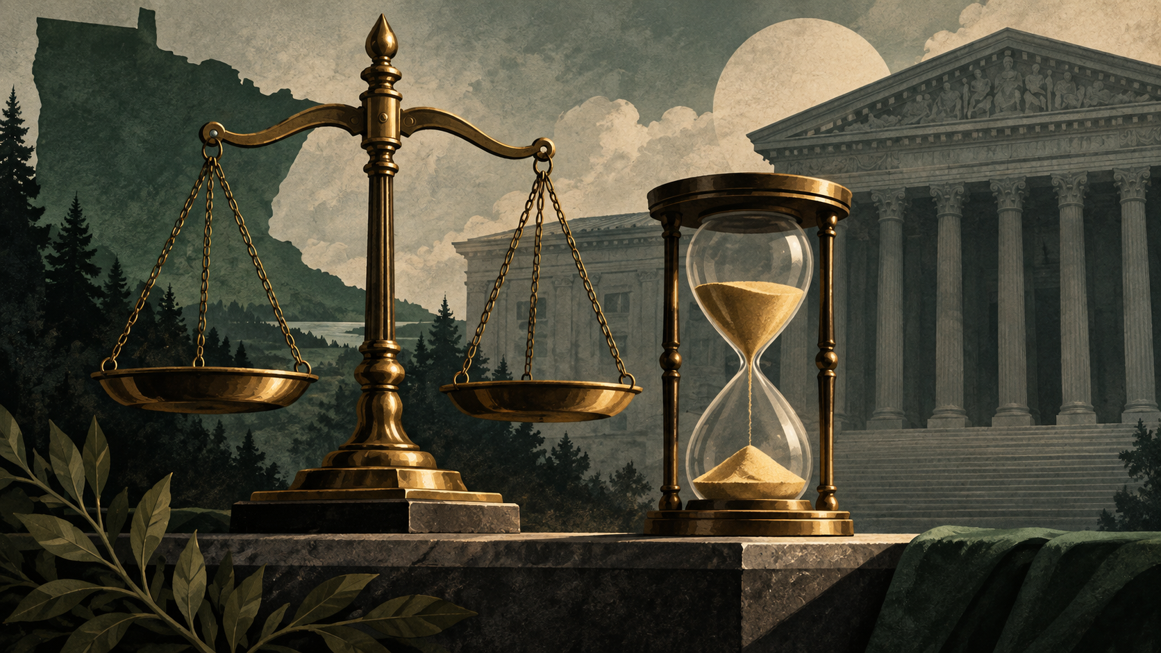 AI-generated editorial illustration accompanying DOJ Sues Minnesota and Two Cities Over the 30-to-60 Day Gun-Buying Waiting Period