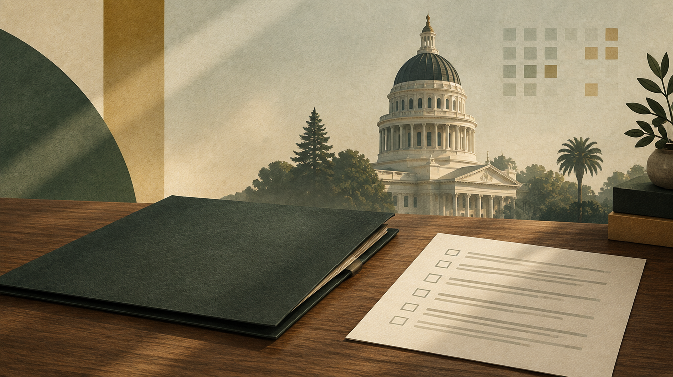 AI-generated editorial illustration accompanying AB 1615 signed: unsafe handgun rules amended for probation service weapons