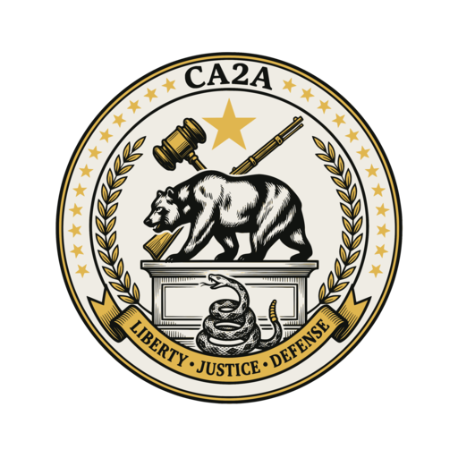 CA2A seal: California grizzly on a pedestal with gavel and rifle, Liberty Justice Defense