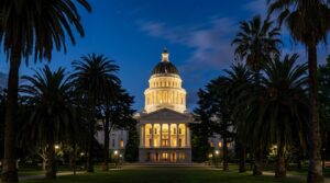The California State Capitol dome lit at dusk between palms