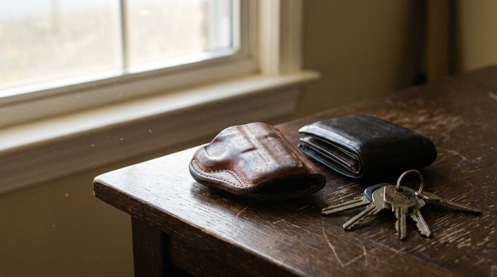 A leather holster, permit wallet and keys on an oak table
