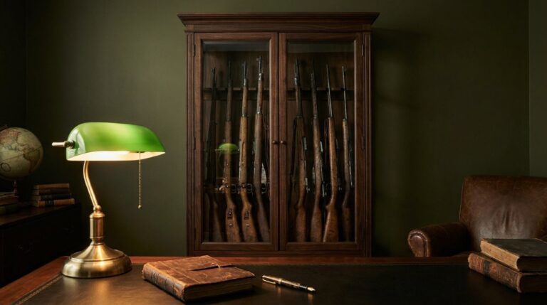 A cabinet of vintage rifles beside a brass desk lamp
