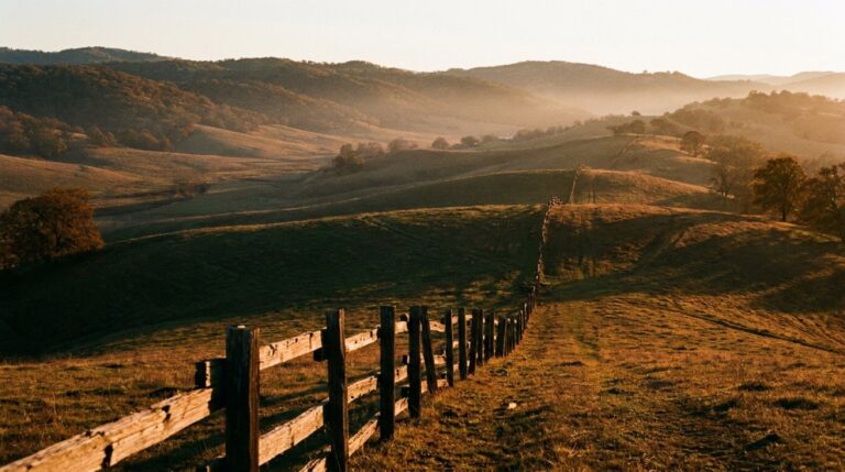 Golden California foothills with a wooden fence line at sunset
