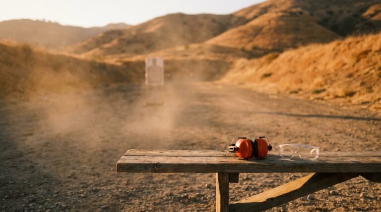 An empty shooting bench with ear protection at golden hour