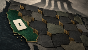 AI-generated editorial illustration accompanying Supreme Court declines interstate carry case; a California CCW still isn't valid nationwide