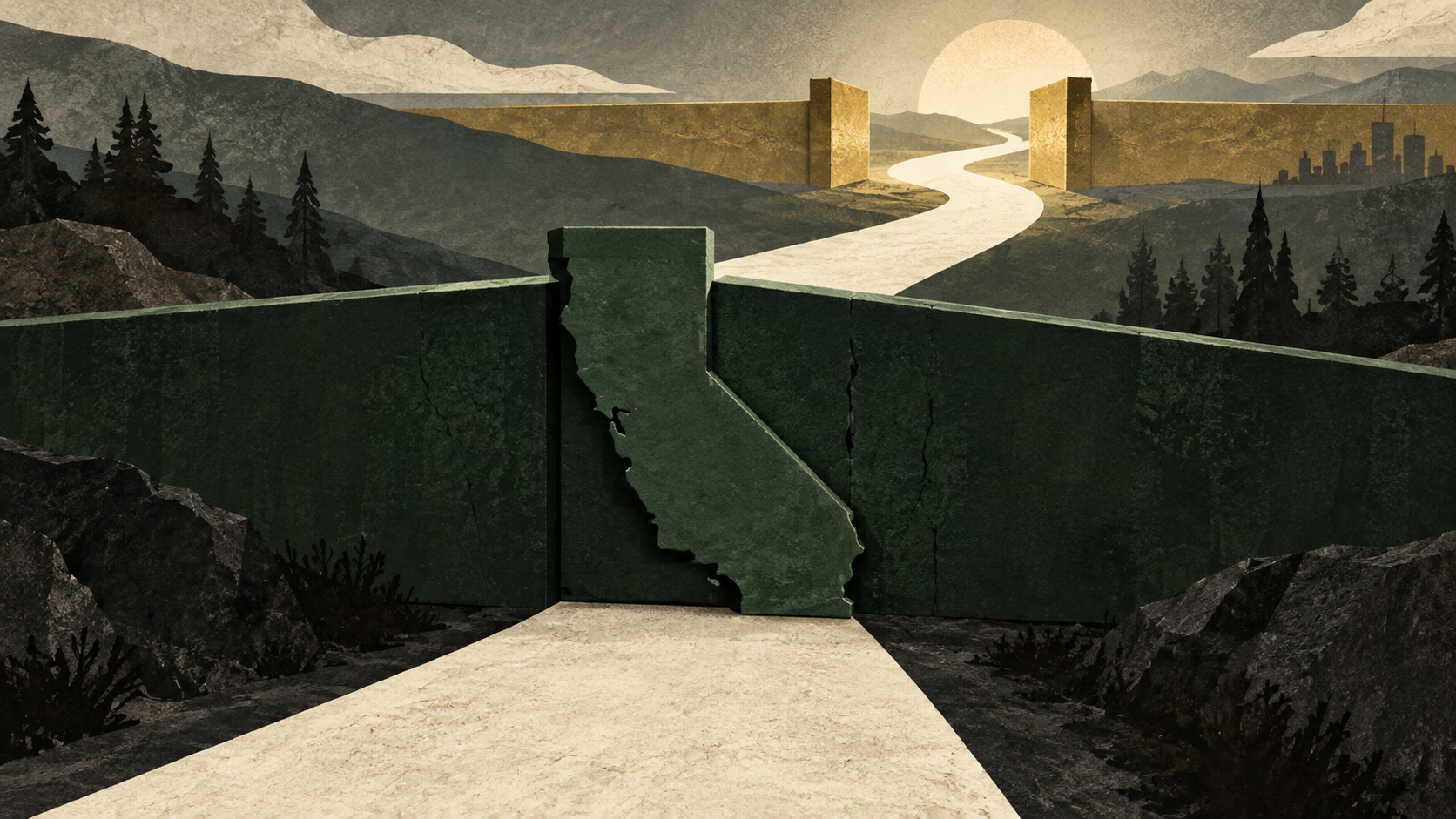 AI-generated editorial illustration accompanying ATF stops enforcing silencer and short-barrel registration; California's ban stays