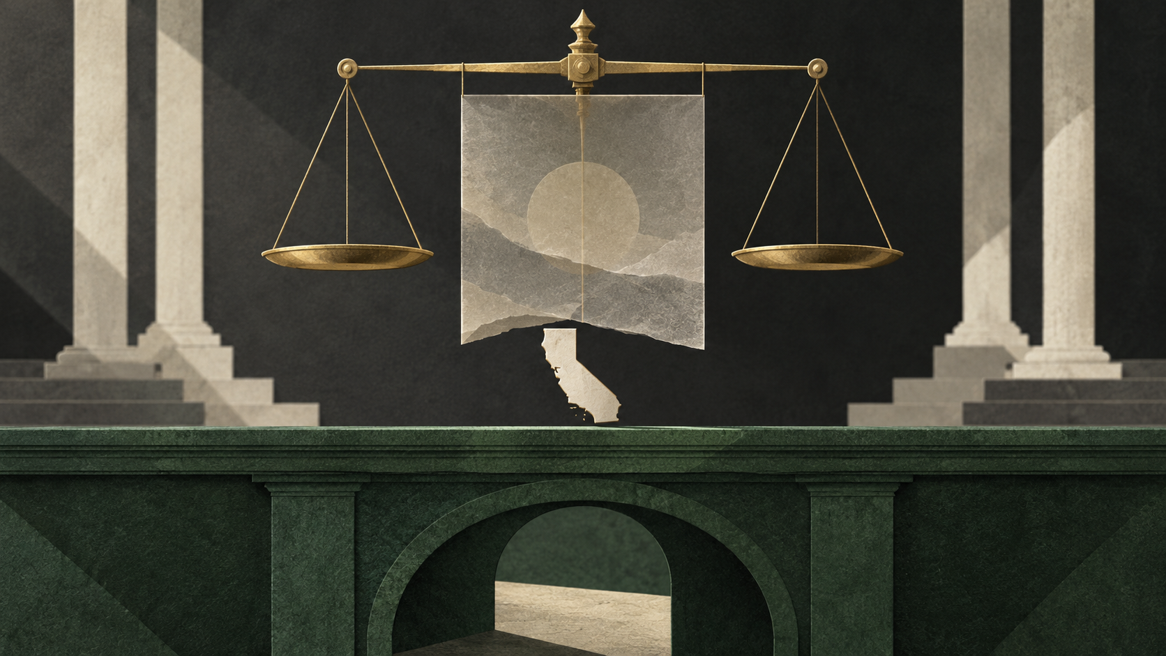 AI-generated editorial illustration accompanying Supreme Court to hear AR-15 cases December 2: what Viramontes and Grant mean for California