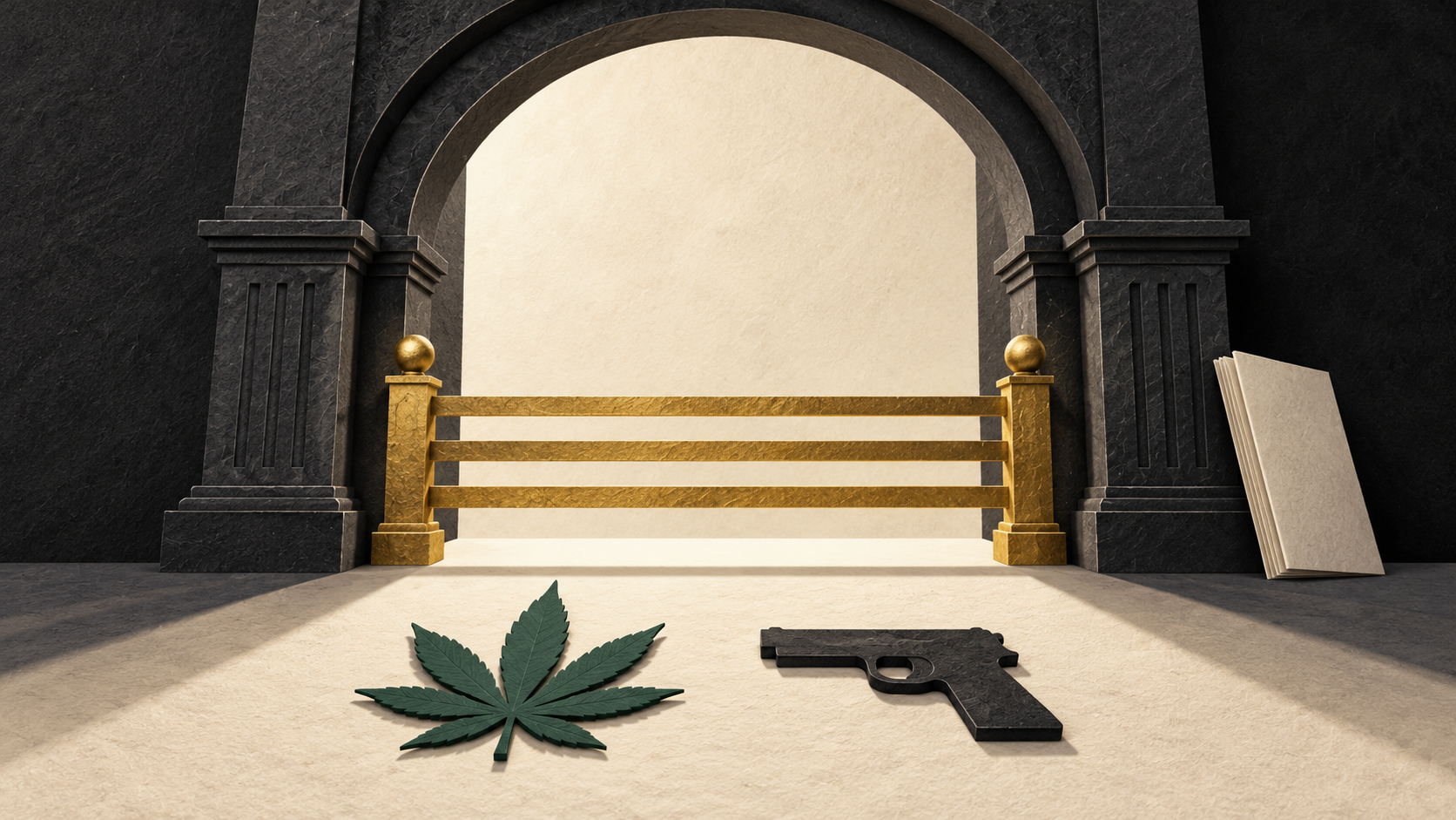 AI-generated editorial illustration accompanying Ninth Circuit says federal drug-user gun ban still stands after Supreme Court's marijuana ruling