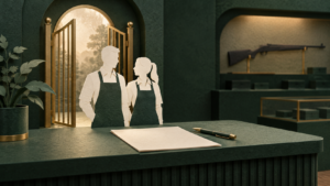 AI-generated editorial illustration accompanying Gun businesses gain voluntary NICS employee checks November 27